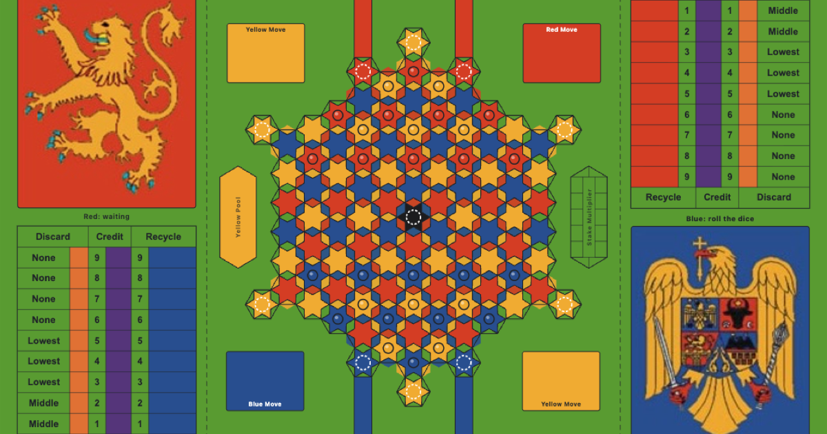 The Ephemera board: red, blue and yellow star spaces